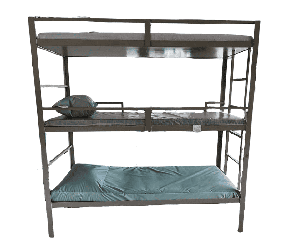 The 12-Gauge Steel Triple Bunk Bed Frame features three bunks with mattresses; the middle bunk has a pillow and rail tag.