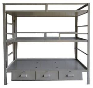 Triple Bunk Bed Frame Steel w/Drawers: metal frame, three levels, open sides, three pull-out storage drawers at bottom.