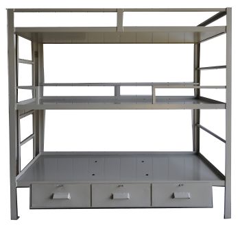 Triple Bunk Bed Frame Steel w/Drawers: metal frame, three levels, open sides, three pull-out storage drawers at bottom.