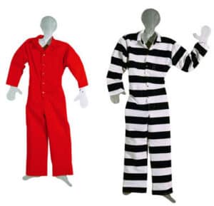 Two mannequins display costumes: one in a solid red Long Sleeve Jumpsuit, the other in a black-and-white striped prison uniform.