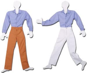 Two faceless mannequins in blue shirts; one wears brown Twill Pants, the other white. Both have arms raised.