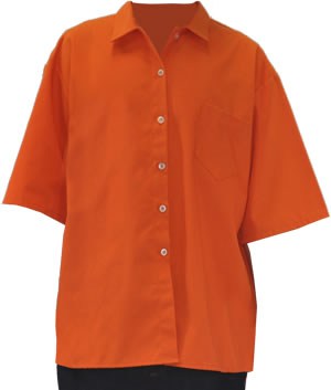 The Short Sleeve Orange Twill Button-Up features a collar and chest pocket, pictured on a plain background.