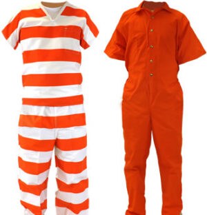 Two mannequins display Short Sleeve Jumpsuits: one solid orange, one with orange and white horizontal stripes.