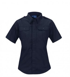 The Tactical Shirt (Short Sleeve) - Women's is navy blue with two chest pockets and shoulder epaulets, shown on a white background.