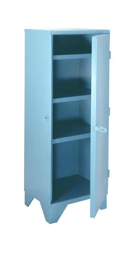A light blue Wall Locker made from 14 gauge sheet metal with a partially open door showing three shelves inside.