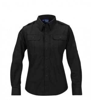 The Tactical Shirt (Long Sleeve) - Women's is black with chest pockets and shoulder epaulettes, shown on a plain white background.