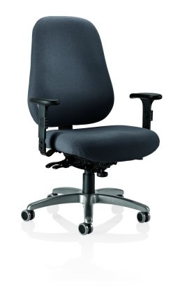 The Pilot - Heavy Duty Chair is a black ergonomic office chair with adjustable armrests and a five-wheel base.