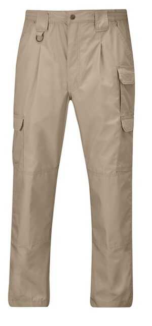 Tactical Trousers - Men's: Khaki cargo pants with multiple pockets, belt loops, and button closure shown on a white background.