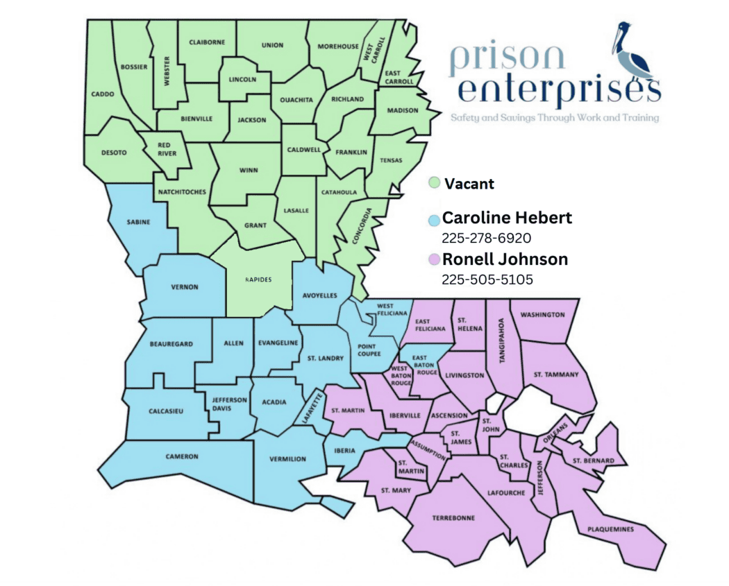Map of Louisiana with parishes colored by contact person: Vacant (green), Caroline Hebert (blue), Ronell Johnson (purple), and phone numbers.