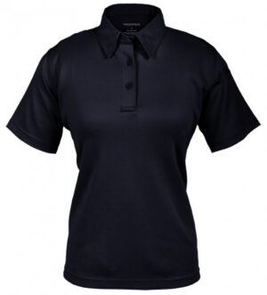 The I.C.E. Polo Shirt - Women's is a plain black, short-sleeve collared top with three buttons on a white background.