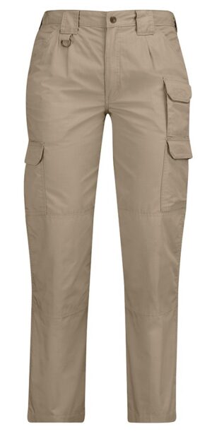 Tactical Trousers - Women's: Beige cargo pants with front button, zipper, belt loops, and multiple pockets on a white background.