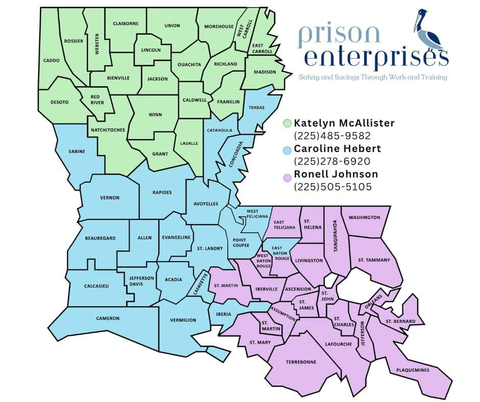 Map of Louisiana parishes colored by region with contact info for three people and the logo for Prison Enterprises in the top right corner.